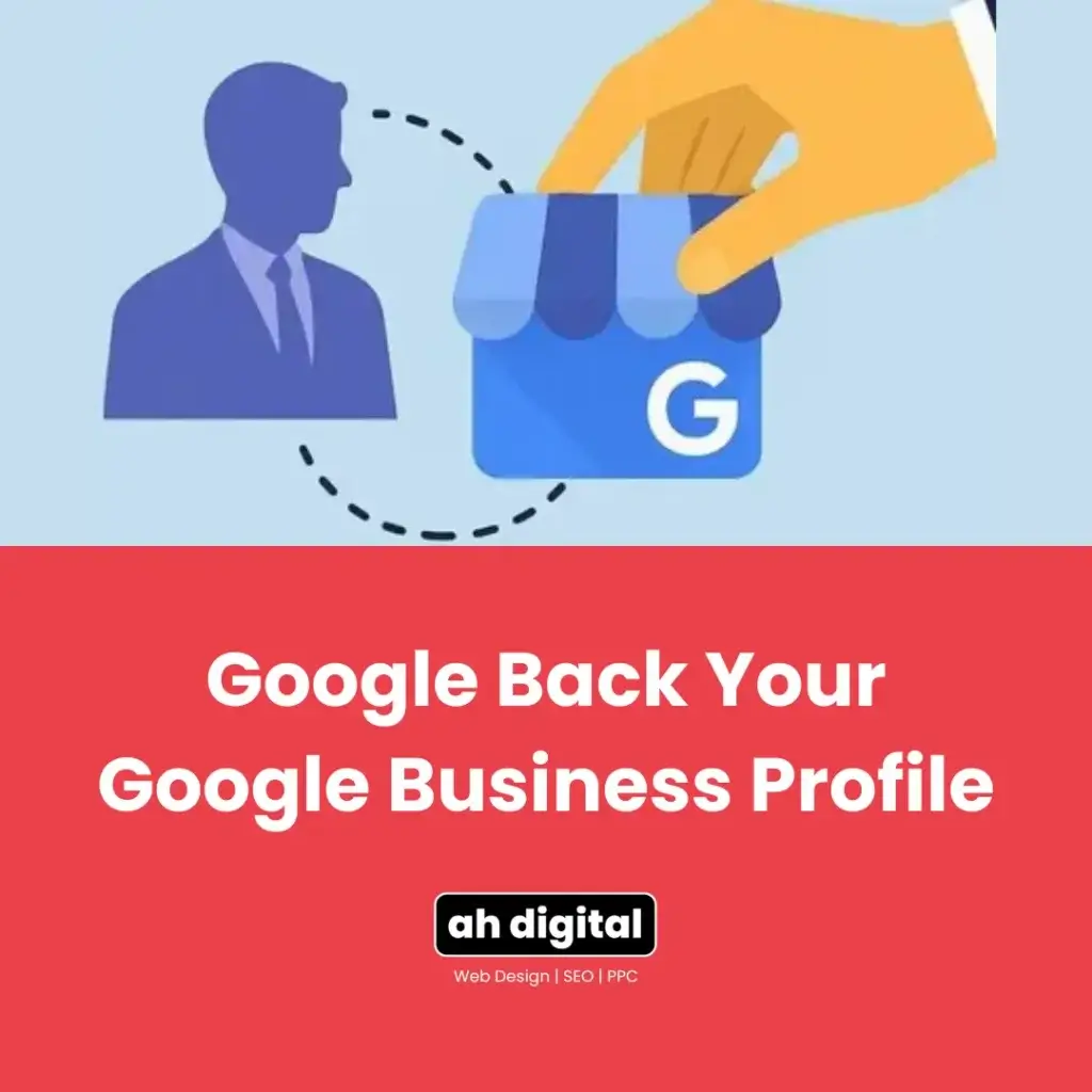 A hand places a Google Business Profile icon next to a businessman silhouette, with text below reading Google Back Your Google Business Profile.