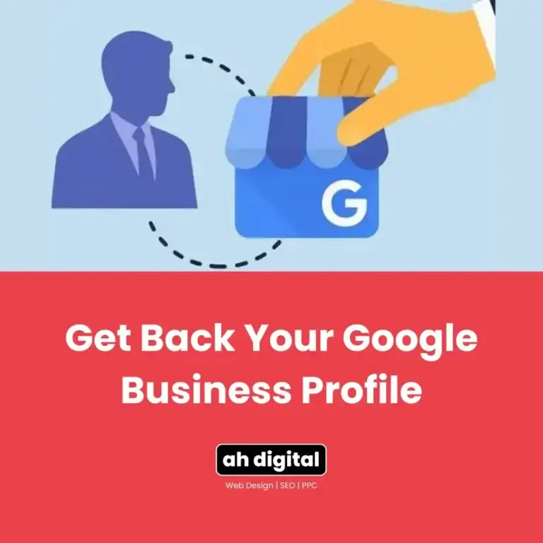 A hand places a Google Business Profile icon next to a businessman silhouette, with text below reading Google Back Your Google Business Profile.