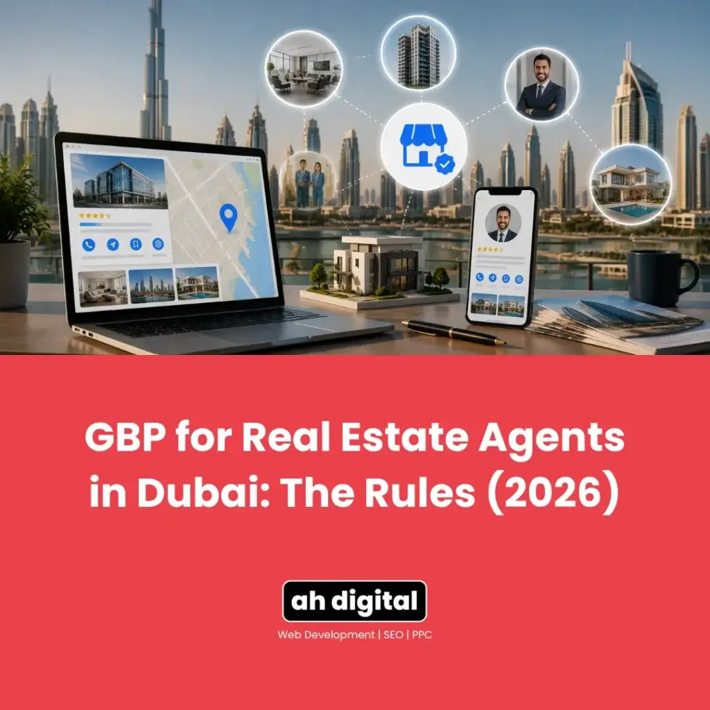 Graphic about GBP for Dubai real estate agents in 2026, showing a skyline, laptop and phone with property listings, agent profiles, and map icons.