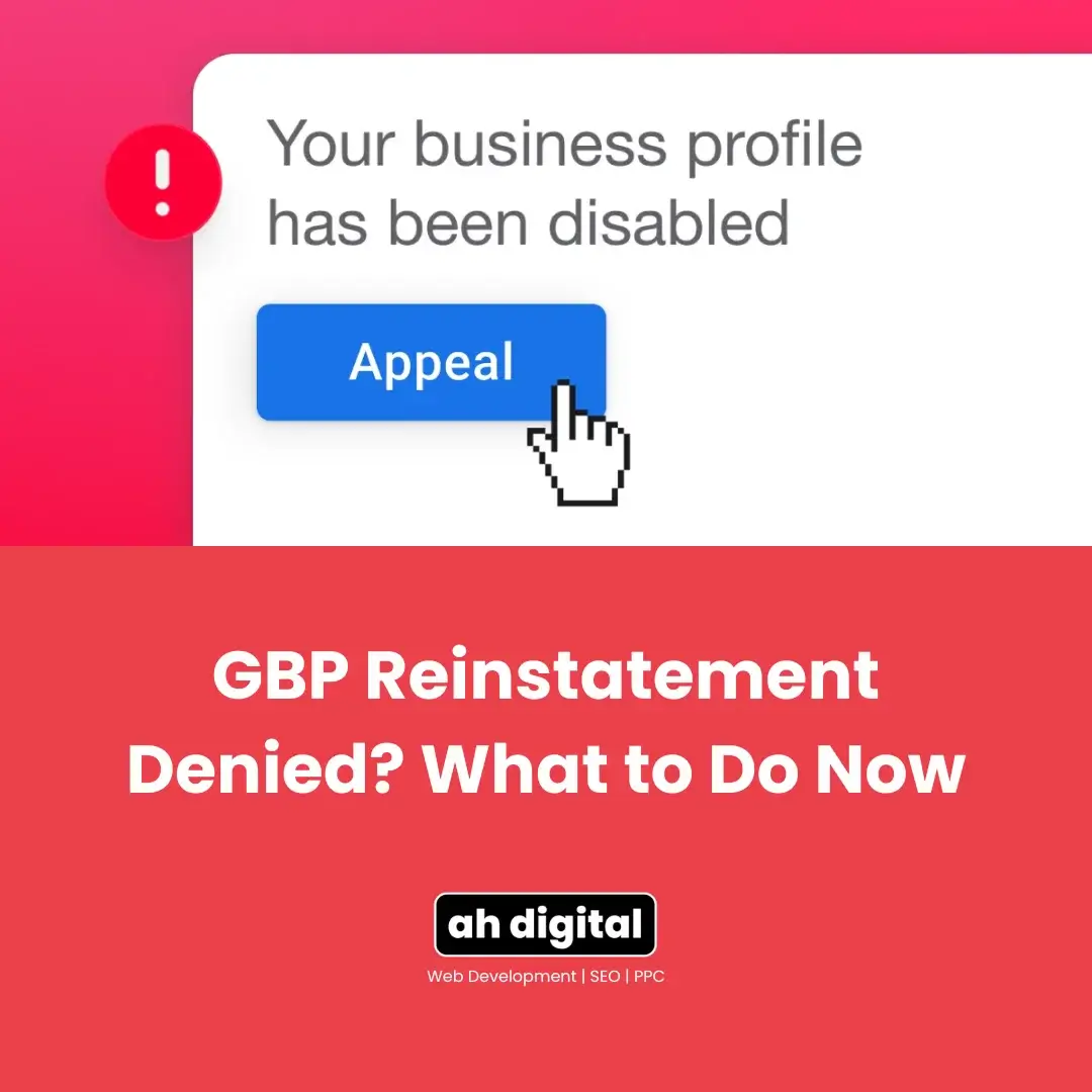 Graphic warning: Google Business Profile disabled notice with blue “Appeal” button, hand cursor, and red headline about denied reinstatement.