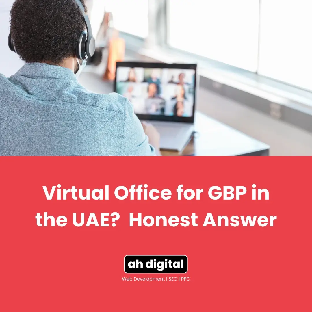 Person wearing headphones works remotely on a laptop during a video call; red banner reads, “Virtual Office for GBP in the UAE? Honest Answer.”