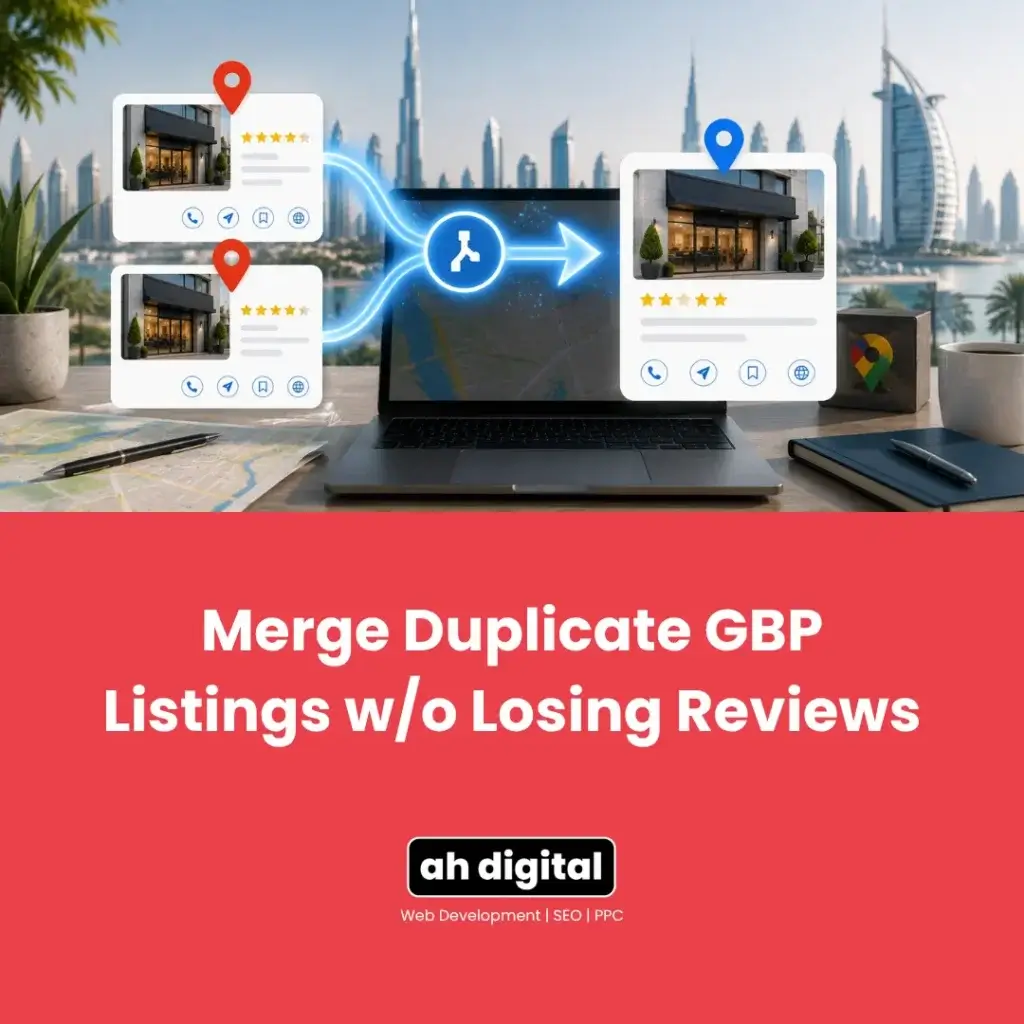 Graphic showing duplicate Google Business Profile listings merging into one on a laptop, with city skyline and text: “Merge Duplicate GBP Listings without Losing Reviews.”