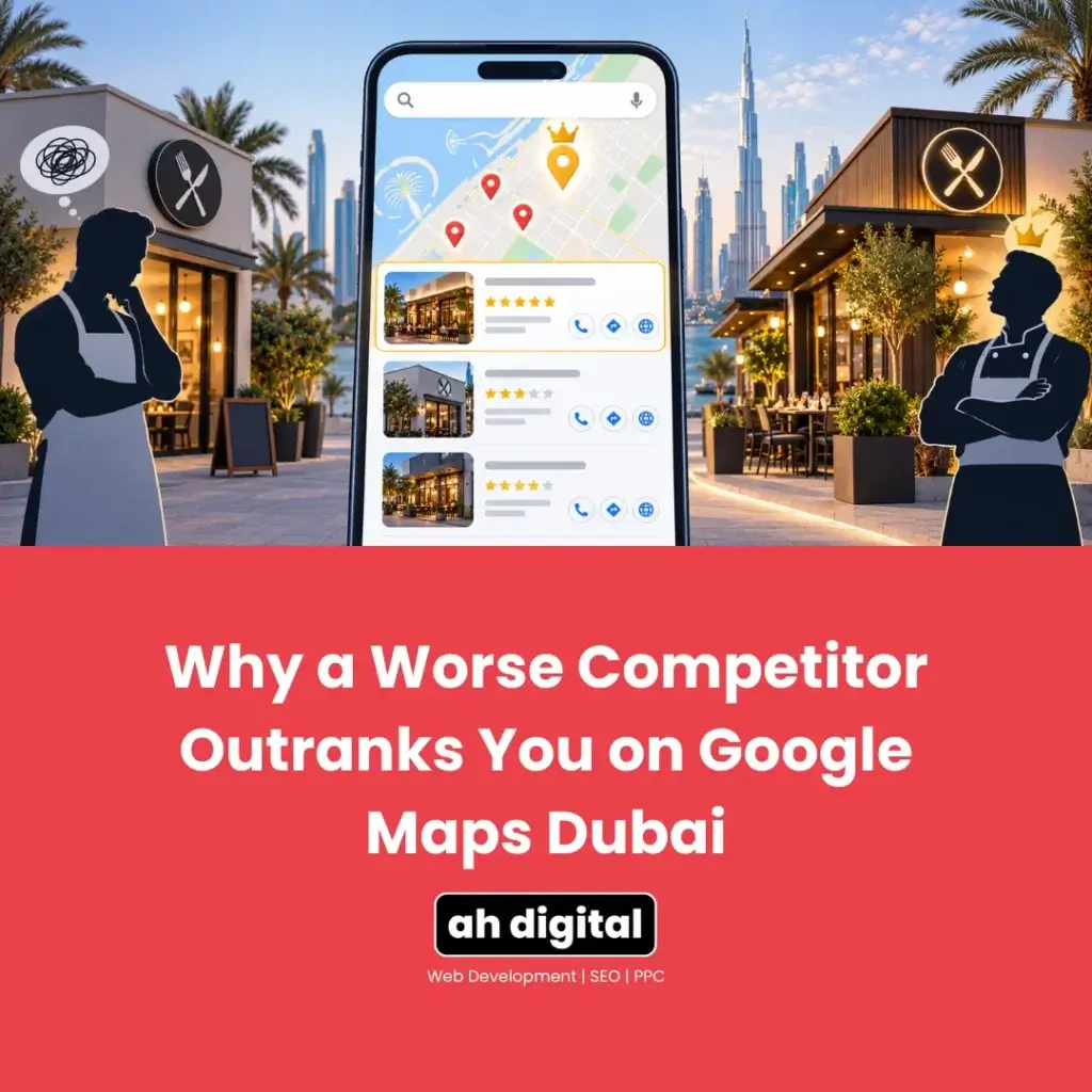 Illustration of Google Maps listings on a smartphone between Dubai restaurants, with the Burj Khalifa skyline and text about outranking competitors.