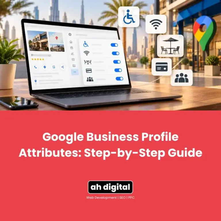 Laptop shows Google Business Profile attributes with accessibility, Wi‑Fi, dining, payment, and group icons; city backdrop and step-by-step guide title.