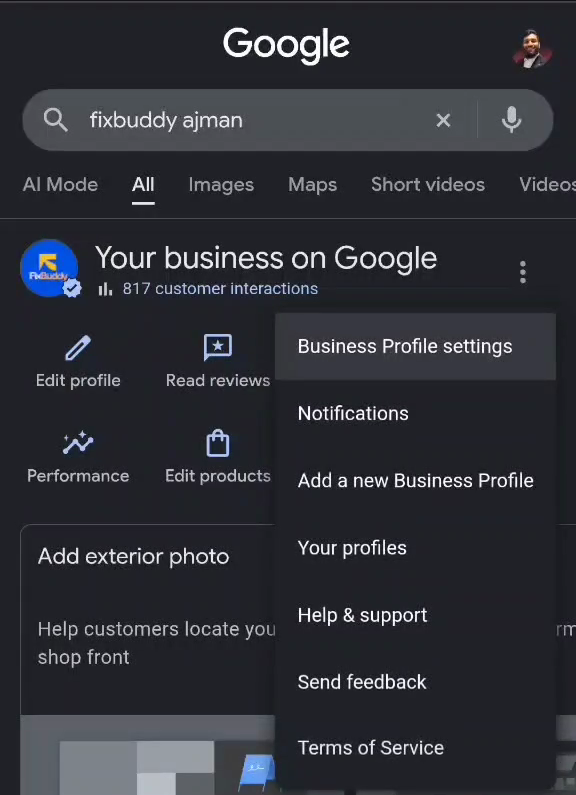 Google Business Profile three dot menu open on mobile with Business Profile settings at the top of the list