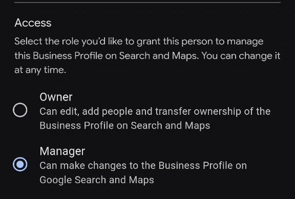 Access screen showing the Owner and Manager roles with Manager selected