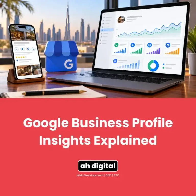 Promotional graphic for a Google Business Profile insights guide, showing analytics on a laptop and phone beside a blue storefront icon against a city skyline.