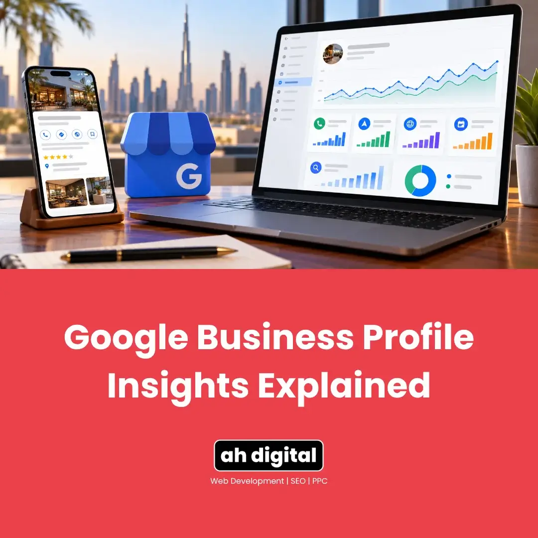 Promotional graphic for a Google Business Profile insights guide, showing analytics on a laptop and phone beside a blue storefront icon against a city skyline.