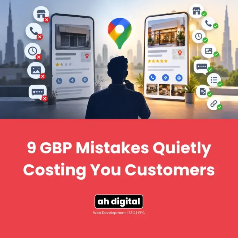 Illustration of a business owner comparing flawed and polished Google listings, with red errors and green successes, above “9 GBP Mistakes.”