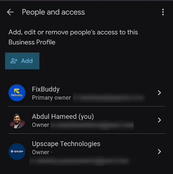 People and access screen listing current owners with the Add button above them