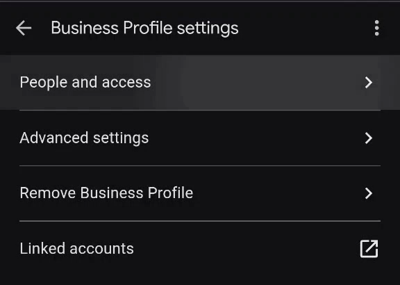 Business Profile settings screen showing People and access as the first option