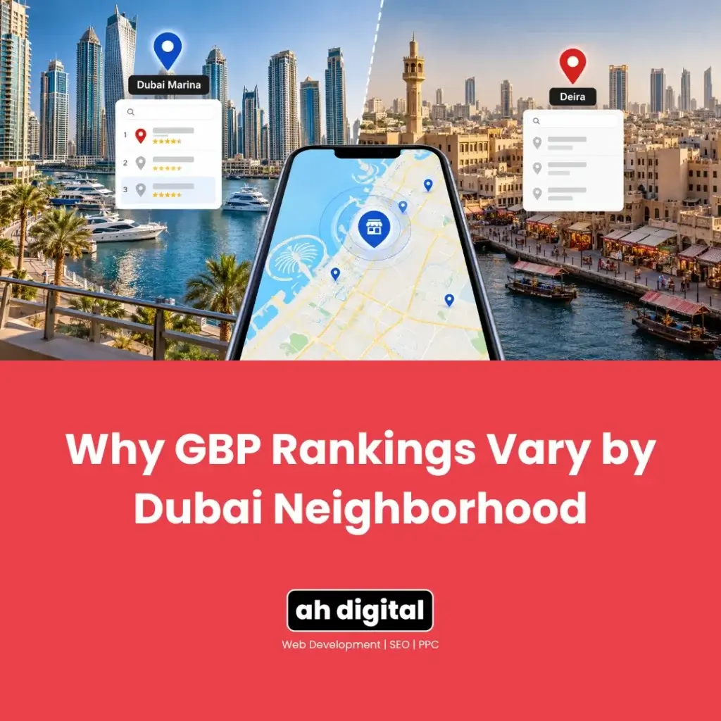 Graphic comparing Dubai Marina and Deira with skyline photos, map pins, and a smartphone map; red panel reads “Why GBP Rankings Vary by Dubai Neighborhood.”