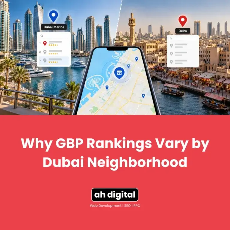 Graphic comparing Dubai Marina and Deira with skyline photos, map pins, and a smartphone map; red panel reads “Why GBP Rankings Vary by Dubai Neighborhood.”