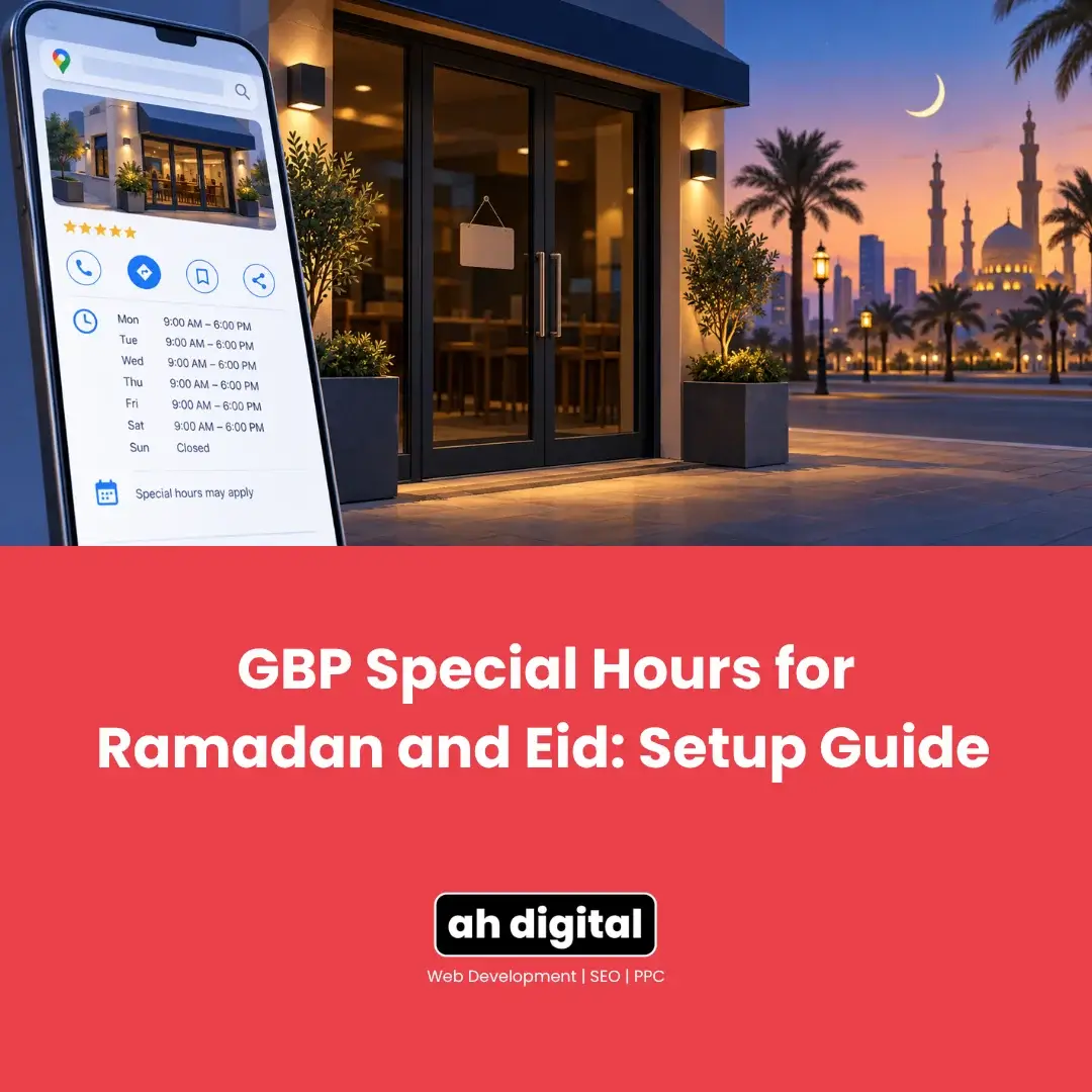 Phone displays GBP special hours beside a warmly lit storefront, mosque skyline, palms, and crescent moon; Ramadan and Eid setup guide.