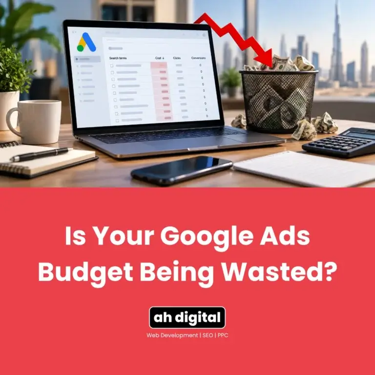 Laptop showing Google Ads data beside a trash bin and red downward arrow, symbolizing wasted ad budget; bold text asks, “Is your Google Ads budget being wasted?”