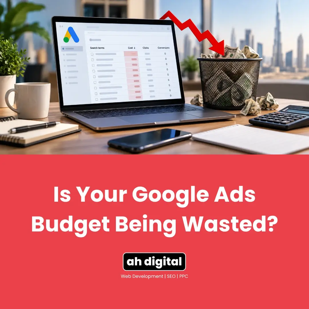 Laptop showing Google Ads data beside a trash bin and red downward arrow, symbolizing wasted ad budget; bold text asks, “Is your Google Ads budget being wasted?”