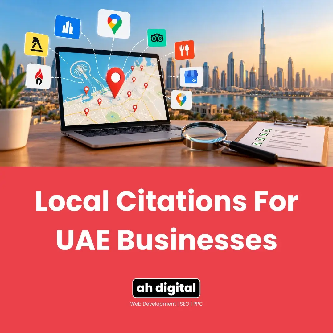 Promotional graphic for local citations for UAE businesses, showing a map-pin-covered laptop, directory icons, checklist, and magnifying glass against a Dubai skyline; polished, businesslike tone.