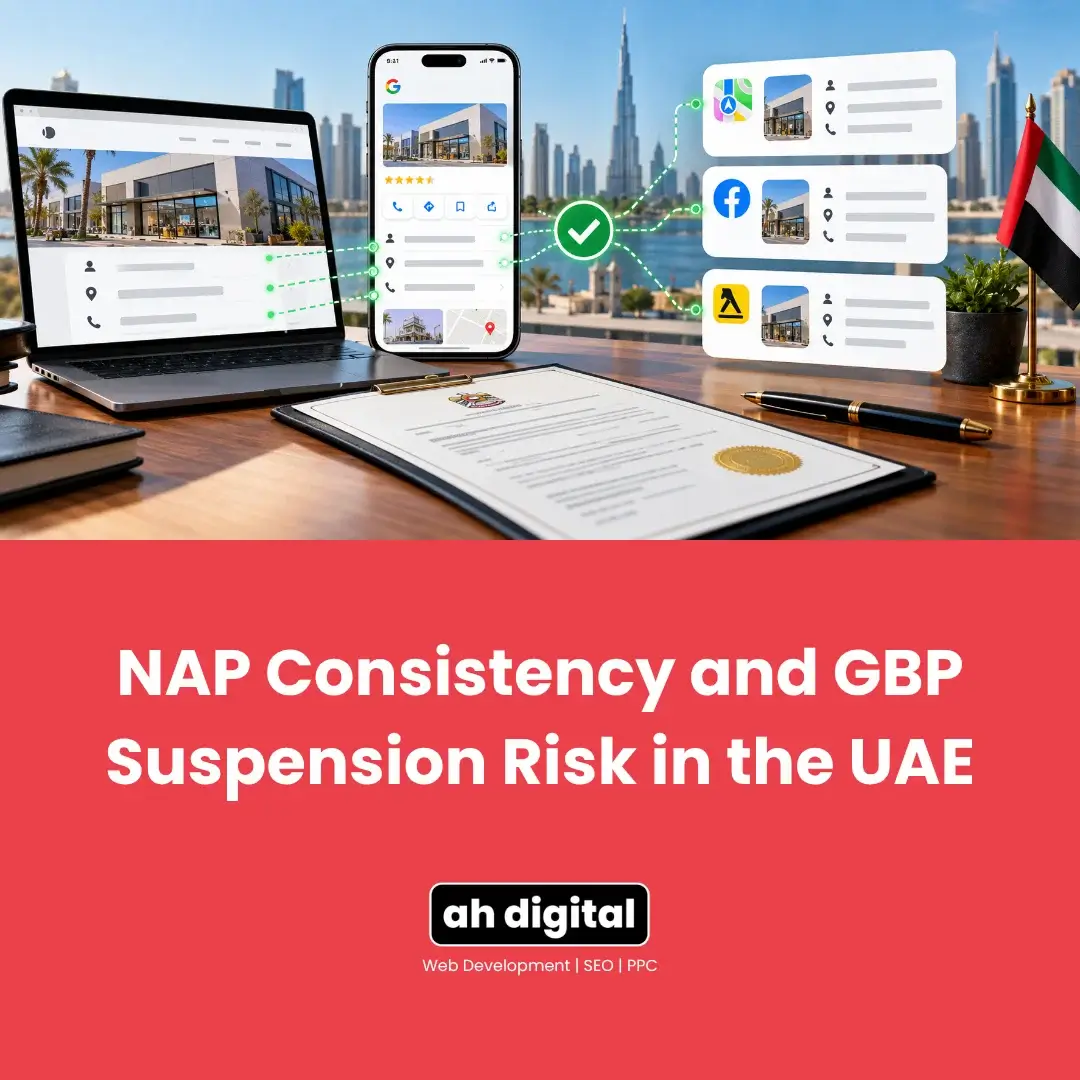 Digital marketing graphic showing UAE business listings across devices, a green verification check, Dubai skyline, UAE flag, and GBP suspension warning.