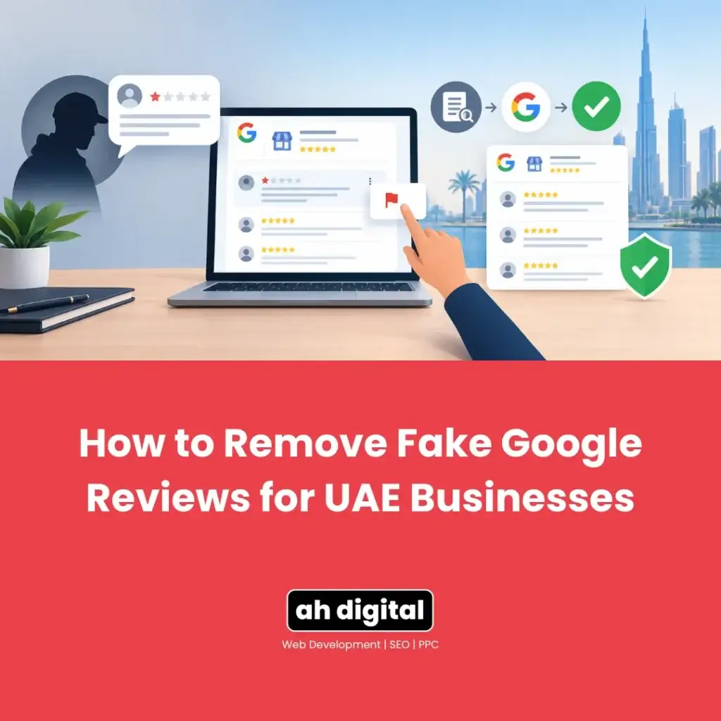 Illustration of removing fake Google reviews for UAE businesses, showing a laptop, flagged reviews, verification icons, and Dubai skyline.