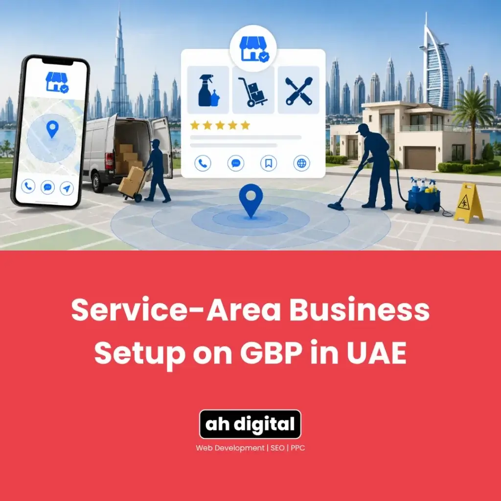 Promotional graphic for UAE Google Business Profile setup, showing a map, service icons, workers, Dubai skyline, and red title panel.
