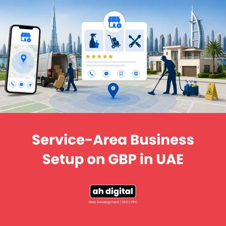 Promotional graphic for UAE Google Business Profile setup, showing a map, service icons, workers, Dubai skyline, and red title panel.