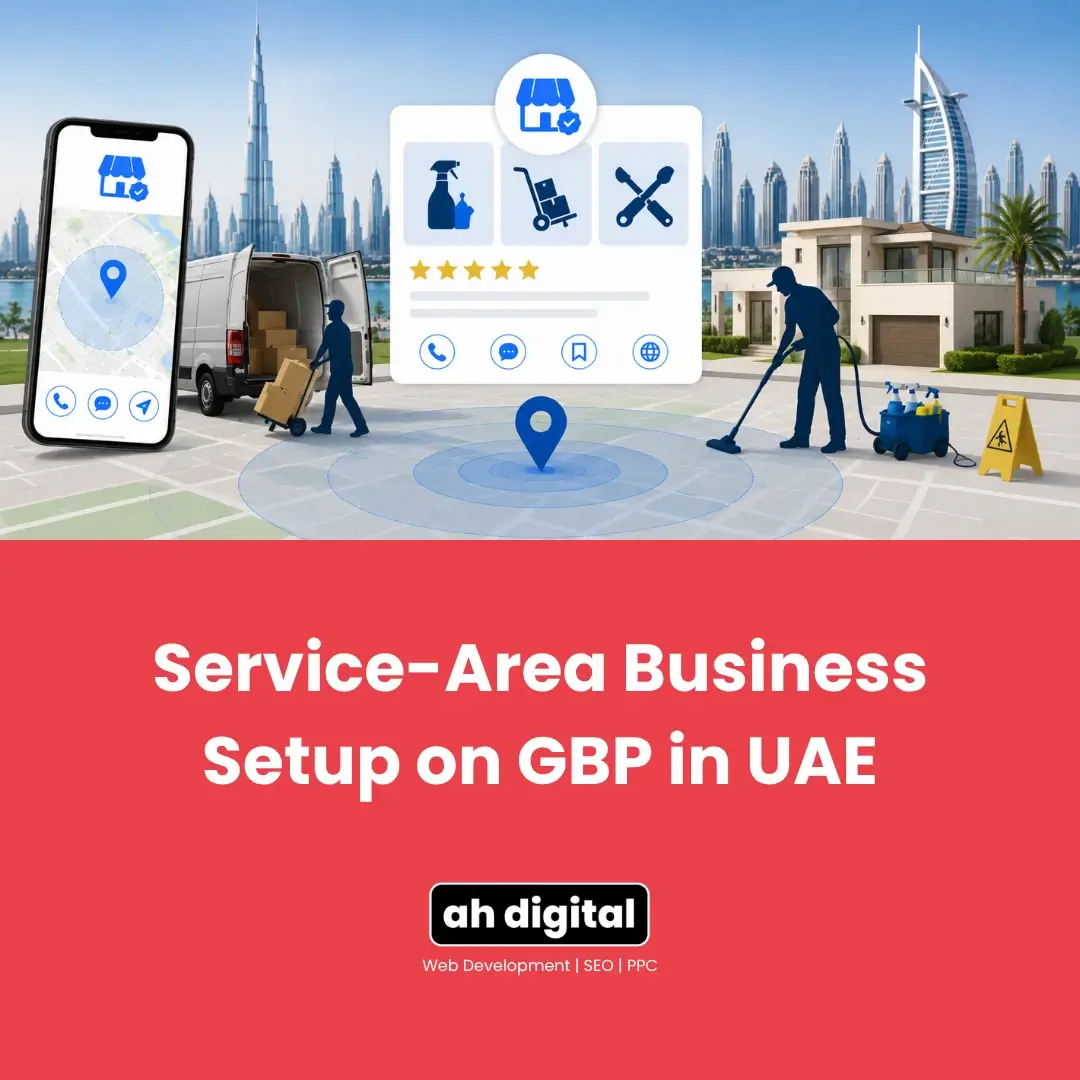 Promotional graphic for UAE Google Business Profile setup, showing a map, service icons, workers, Dubai skyline, and red title panel.