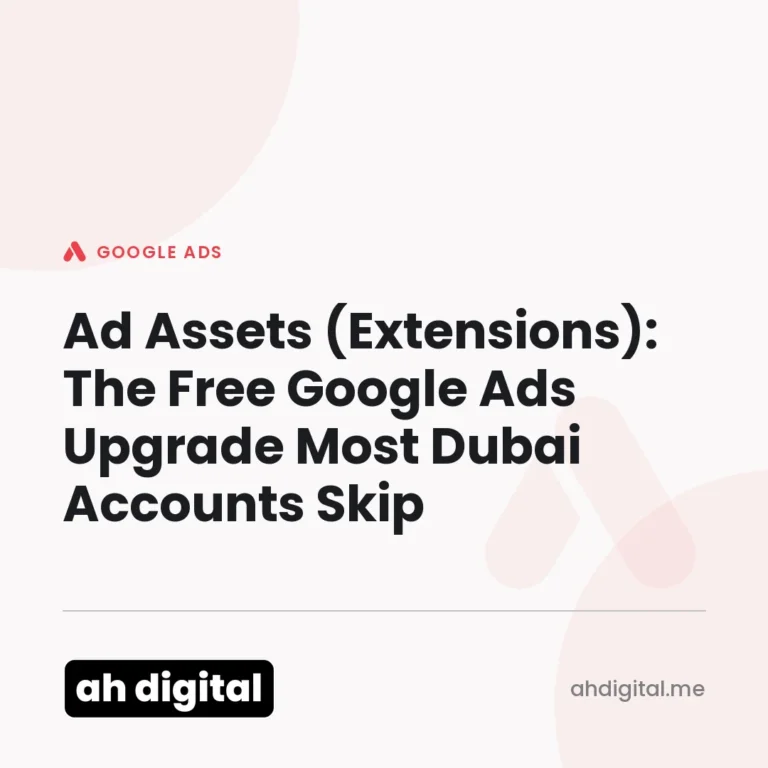 Google Ads article title card reading "Ad Assets (Extensions): The Free Google Ads Upgrade Most Dubai Accounts Skip", from AH Digital.